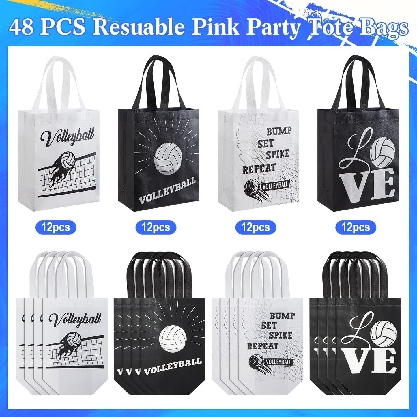 Wesnoy 48 PCS Volleyball Gift Bags Bulk Reusable Non Woven Volleyball Snack Party Favors Tote Treat Goodie Candy Bags with Handle for Team Sports Theme Birthday Party 9.84 x 7.87 inch