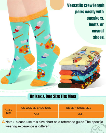 Berlune 6 Pairs Artist Socks for Women Men Funny Painting Crew Socks, Novelty Art Gifts for Painters, Art Teachers, Students