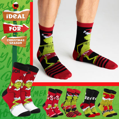 The Grinch Socks for Men & Teens Size 7-11, Pack of 5 or 6 Soft Breathable Crew Socks, Xmas Gifts for Him