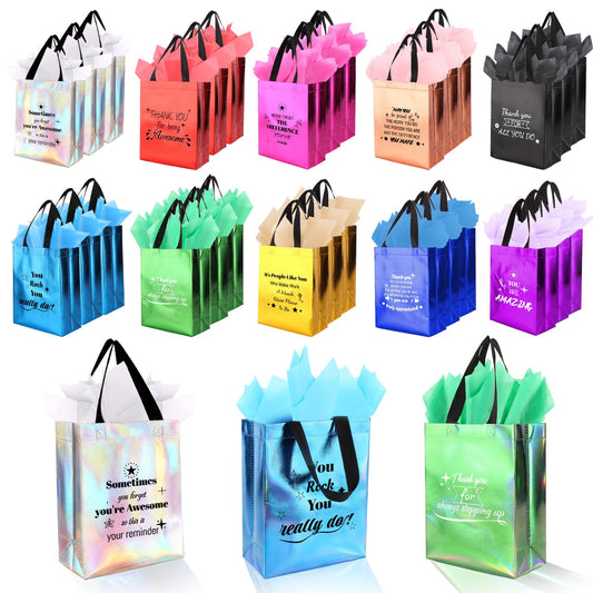 40 Pcs Reusable Gift Bags with Handles - Include 20 Iridescent Gift Bags & 20 Tissue Paper - Employee Appreciation Gifts Bulk for Staff, Team, Coworker, Teachers, Nurse, Thank You Gifts (Colorful)