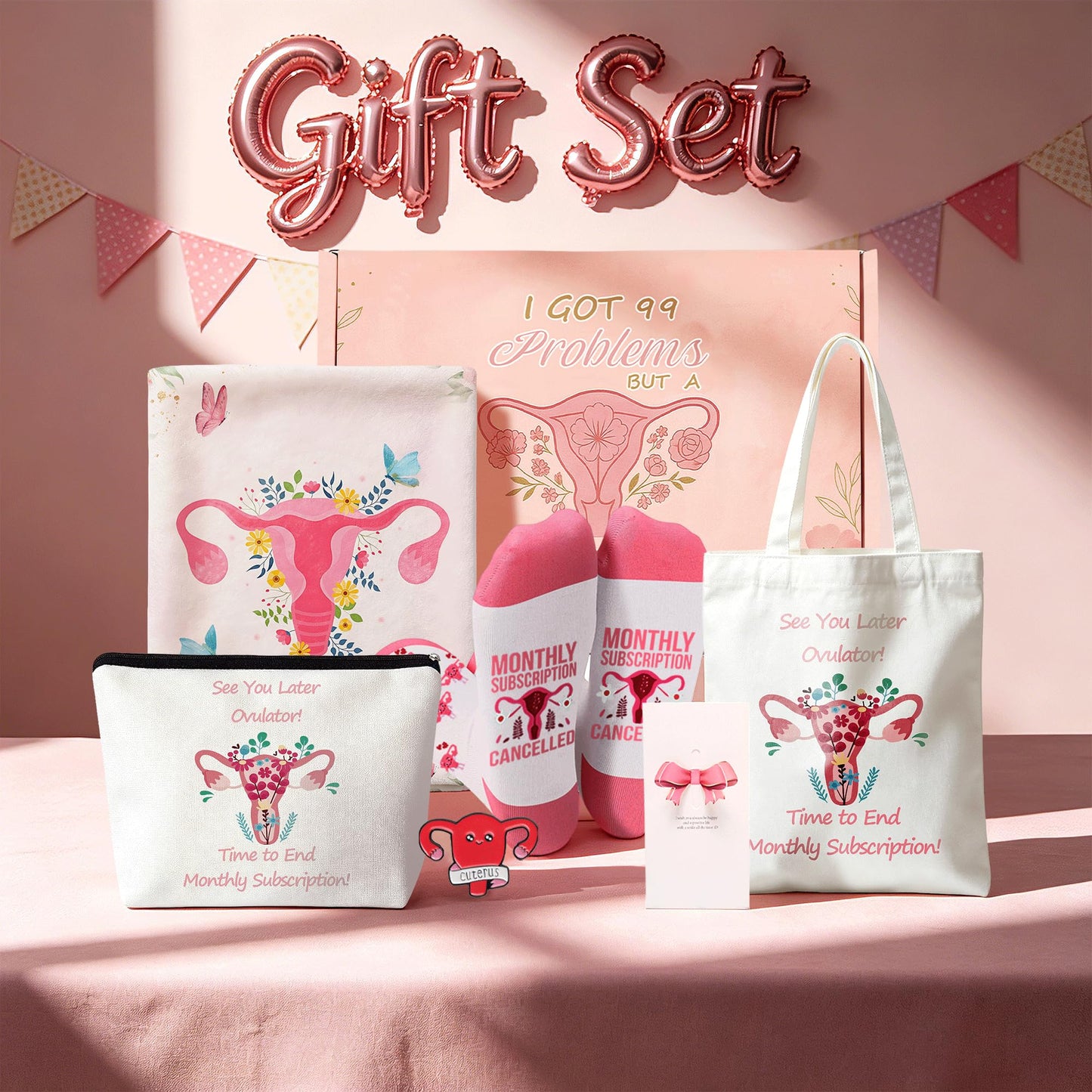 Hysterectomy Gifts for Women, 7pcs Uterus Gift Set,After Hysterectomy Recovery Blanket ,Encouraging Present With Tote Bag,Novelty Socks,Make Up Bag,Brooch,Stickers