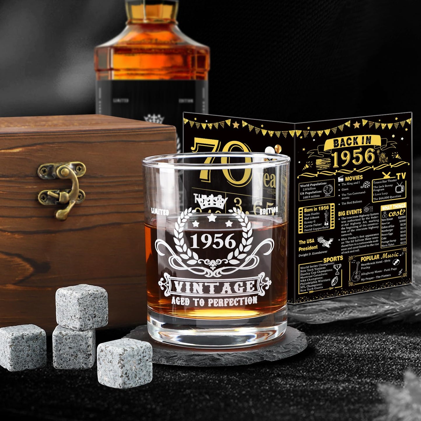 YeohJoy 70th Birthday Gifts for Men,Vintage 1956 Whiskey Glass Set,Wood Box & Whiskey Stones & 1956 Poster Anniversary Card & Coaster,Birthday Gifts Ideas for Him,Husband,Dad