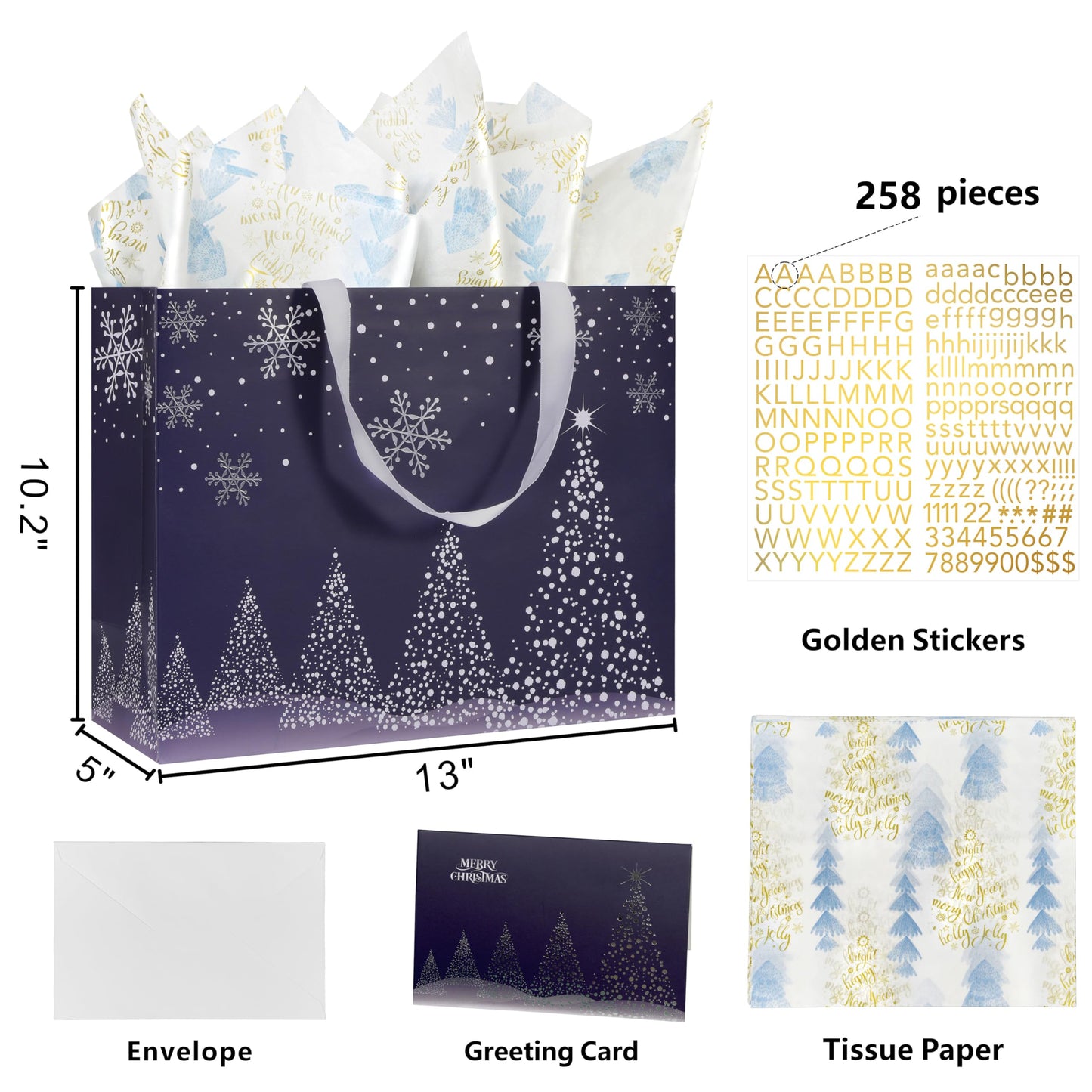 Bobobag 13" Deep Blue Large Christmas Gift Bag with Tissue Paper and Greeting Card, Personalized Platinum Quality Gift Bag for Man's Present