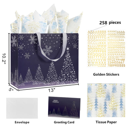 Bobobag 13" Deep Blue Large Christmas Gift Bag with Tissue Paper and Greeting Card, Personalized Platinum Quality Gift Bag for Man's Present