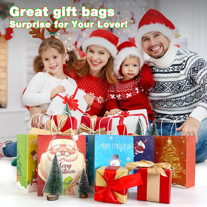 24 Pcs Kraft Gift Bags - Medium Christmas Paper Bags with Handles - Six Holiday Designs for Presents and Party Favors