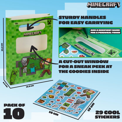 Minecraft Gift Bags for Kids with Sticker Sheets, 10 Pack Small Paper Party Favor Goodie Bags with Handles, Creeper Treat for Kids, Boys & Girls Birthday Party Decoration Supplies