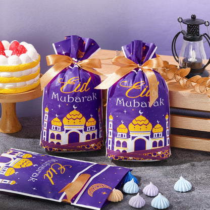 Blulu 50 Pcs Eid Mubarak Gifts Bags Plastic Ramadan Gift Bags Arabesque Moon Bulk Mosque Happy Eid Theme Goodie Pouches for Muslim Mubarak Party Candy Wrapping Supplies Decorations
