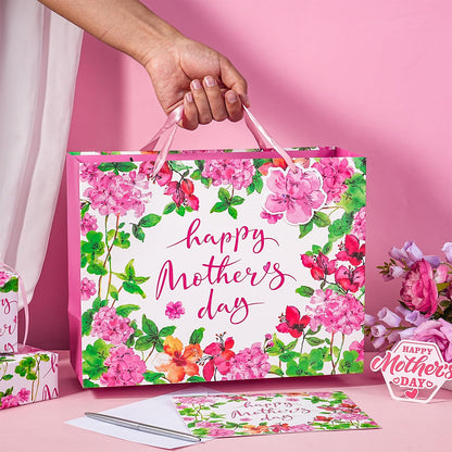 LeZakaa 13" Mother's Day Bag, Pink Floral Happy Mother's Day Bag with Greeting Card Tag & Tissue Paper, Elegant Flower Design Gift Bag for Mom Wife Grandma, 13" x 10" x 5", 1 Pc