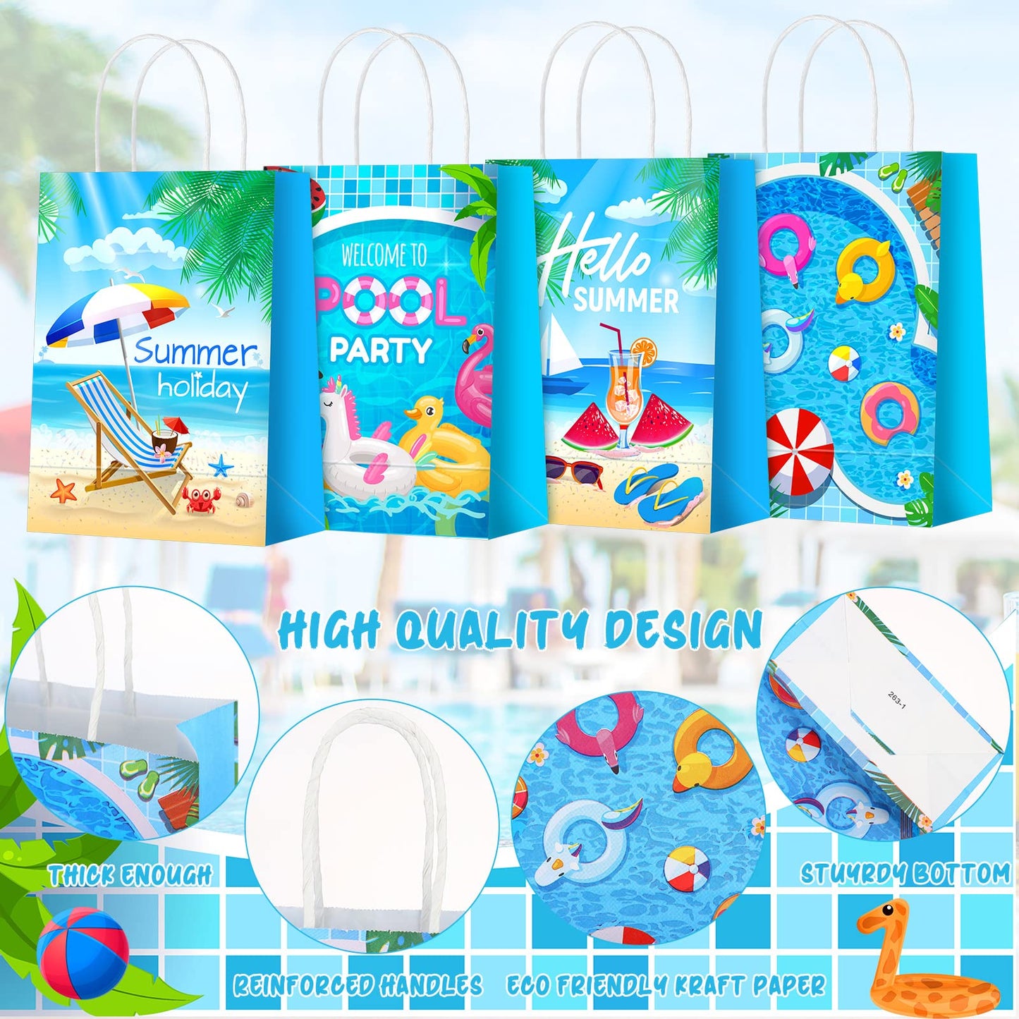 Outus 24 Pieces Summer Pool Party Favors Bags Beach Gift Goodie Paper Bags with Handles Beach Swimming Pool Candy Treat Pouch for Summer Hawaiian Luau Birthday Holiday Party Supplies