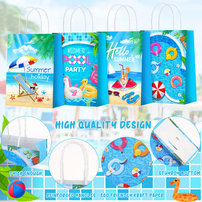 Outus 24 Pieces Summer Pool Party Favors Bags Beach Gift Goodie Paper Bags with Handles Beach Swimming Pool Candy Treat Pouch for Summer Hawaiian Luau Birthday Holiday Party Supplies