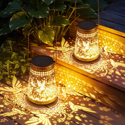 2 Pack Solar Lanterns Outdoor Waterproof Birthday Gifts for Women Mom Grandma, Hollowed-Out Metal Hummingbird Hanging Solar Lantern Lights Outdoor Decor, 2 Modes Lights Decor for Yard, Patio