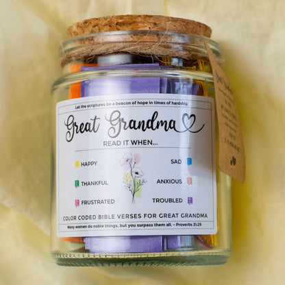 Mothers Day Gift for Great Grandma, Great Grandma Bible Verse Jar, Birthday, Christmas Idea From Grandkids, Decorative Glass Inspirational Scripture Jar with 96 Bible Verses