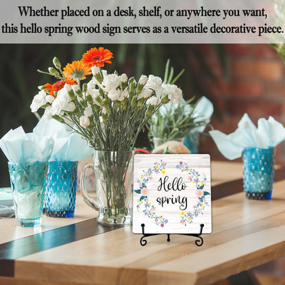 Spring Decor, Hello Spring Wooden Sign, Floral Wreath Desk Wood Decor with Iron Stand, Easter Gifts for Women Wood Sign Decorations for Home Office Bedroom - B05