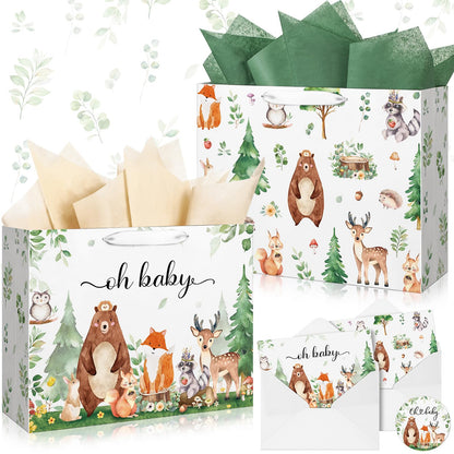 Buryeah 2 Pack 13" Large Baby Gift Bags with Tissue Paper Greeting Cards, Woodland Animal Paper Gift Wrap Bag with Handles and Envelopes for Baby Shower Birthday Party