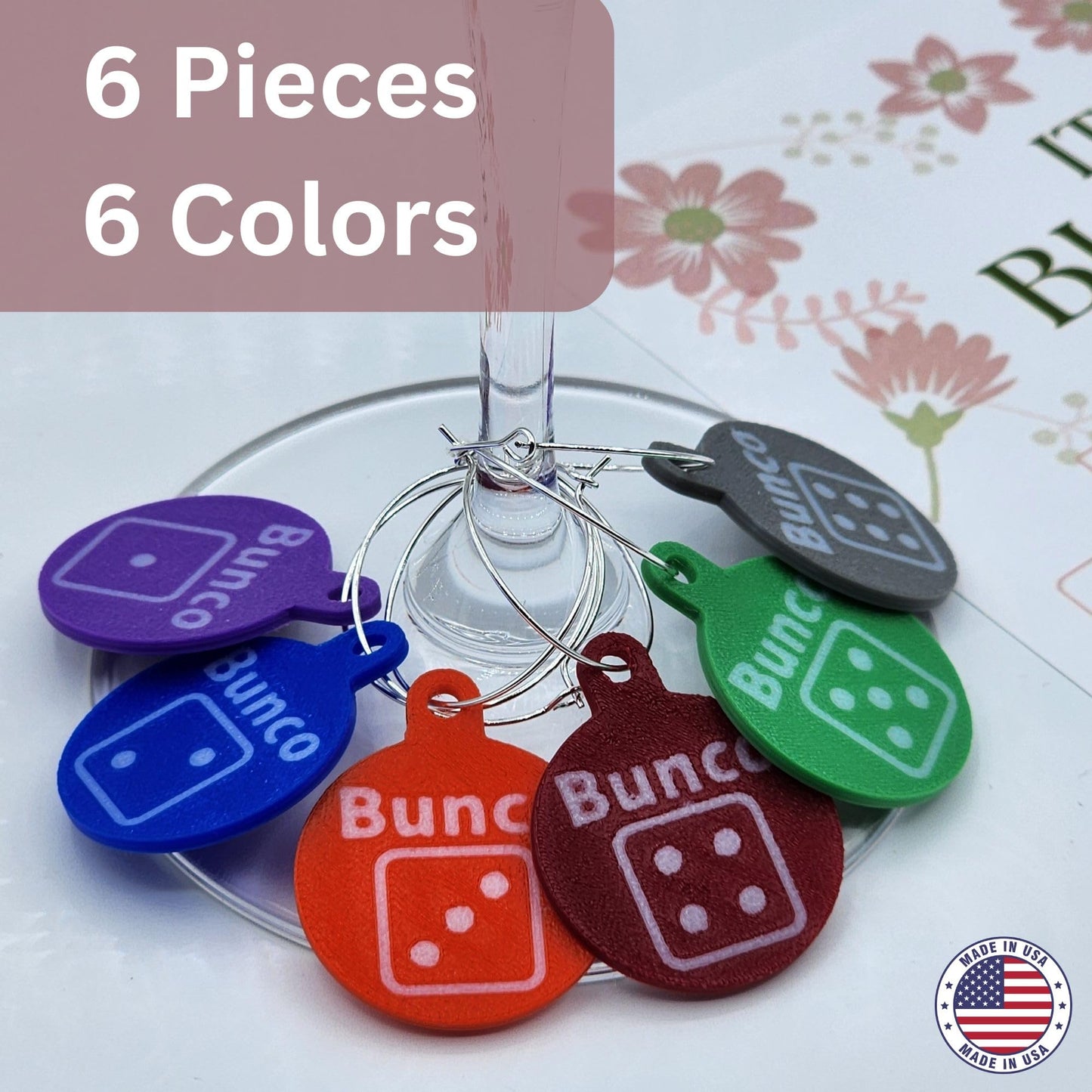 Bunco Prizes & Gifts – Bunco Dice Wine Glass Charms Set of 6 | Bunco Night Door Prizes, Hostess Gift, Game Night Accessories