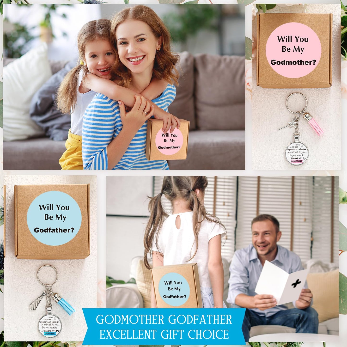 Ecation 2 Set Will You Be My Godparents (Godmother and Godfather) Godparents Proposal Gifts Godmother and Godfather Proposal Appreciation Keychains Gifts with Box for Godmother and Godfather