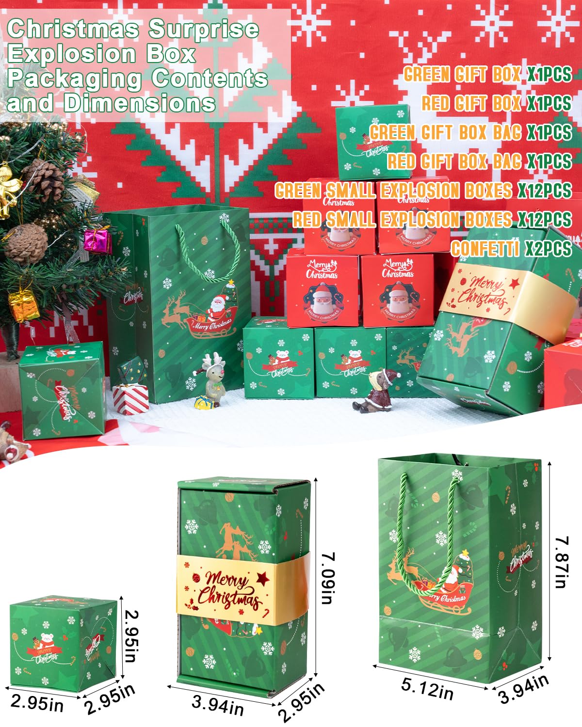 ASSRECT 2 pcs Exploding Gift Box - Christmas Surprise Box Pop Up with 24 Money Holders, Reusable Party Gift Box for Cash, Gifts, Xmas, Birthday, Party Supplies (Red+Green)