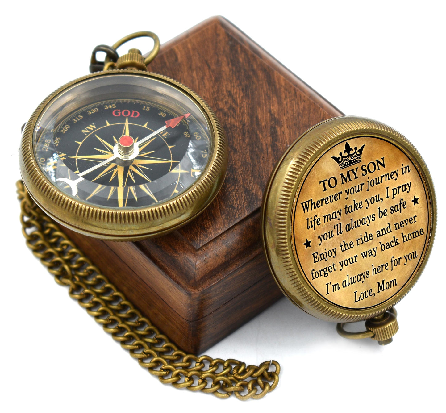 to My Son Compass with Wooden Box-Mom to Son Compass–Father to Son Gifts- to My Grandson -Graduation Day Gifts for Son-Birthday, Baptism, Graduation, Confirmation, Communion Compass for Women Men