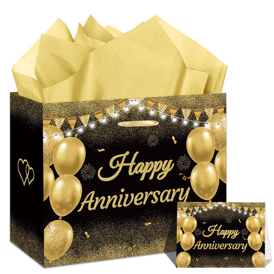 GOLDCROW Black Gold Anniversary Party Gift Bag with Tissue Papers and Card, Large Wedding Anniversary Paper Gift Wrapping Paper Bag for Men Women Anniversary Party, Wedding Party Supplies