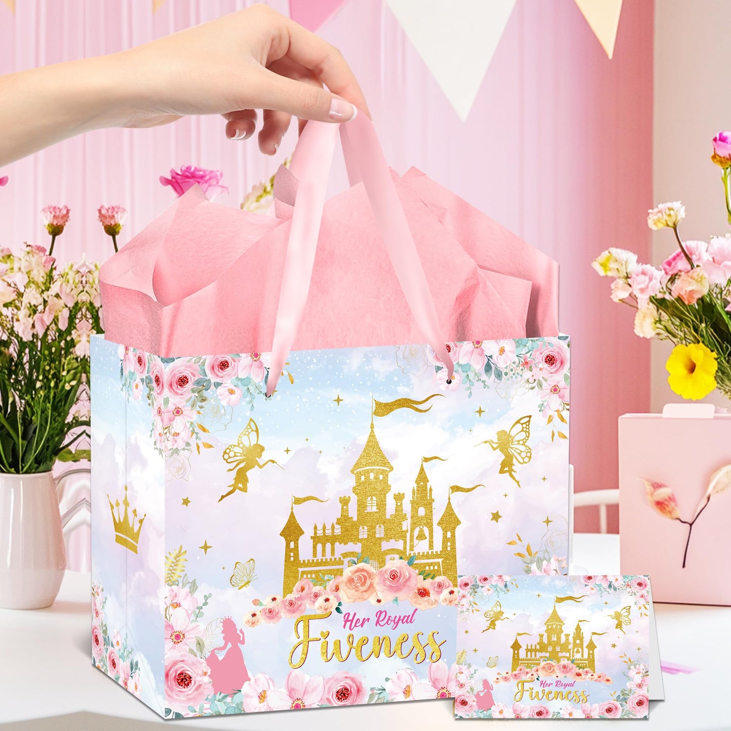 MOIZYNG Her Royal Fiveness Birthday Gift Bag, Pink Gold Castle Floral Princess 5th Birthday Gift Wrap Bags with Handles, Tissue Paper and Greeting Card for Girls 5 Year Old Party Favors Decorations
