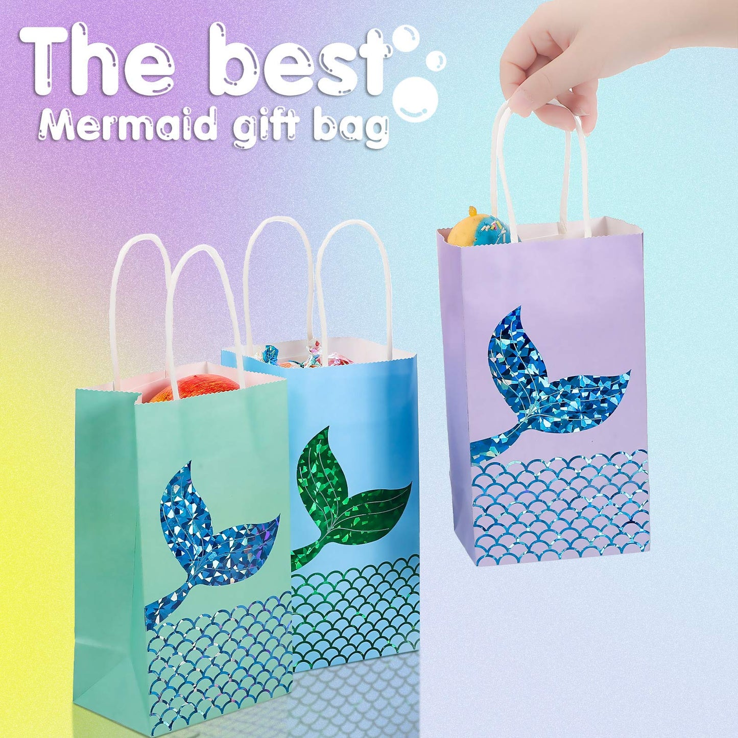 Zonon Mermaid Treats Goodie Candy Bags Set Princess Theme Party Gift Paper Bags Storage Portable for Birthday Pool Party Favors Supplies (18 Pcs)