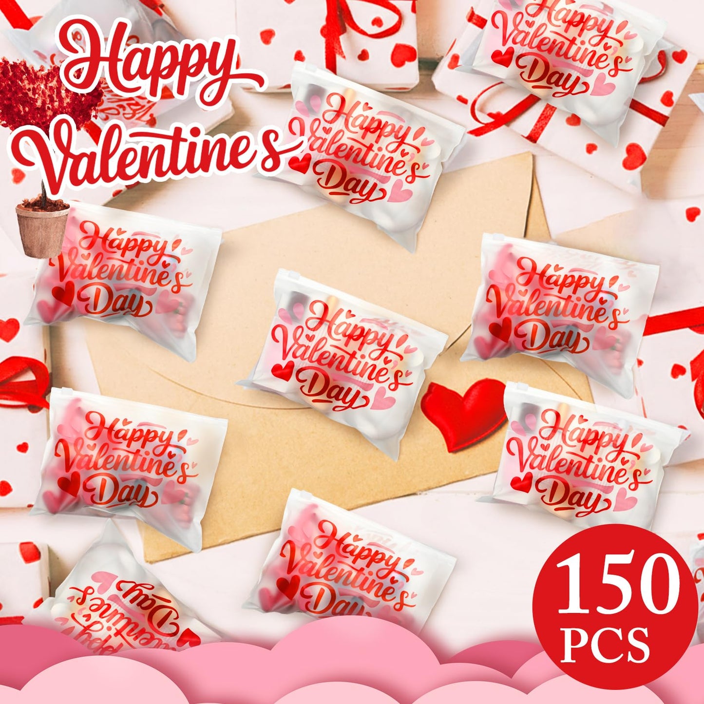 Kacctyen 150 Pack Happy Valentine's Day EVA Bags Bulk Galentine Reusable Clear Teacher Women Gift Pouches with Zipper Waterproof Bag for Candy Jewelry Bestie Galentine Gang Squad Party Supplies