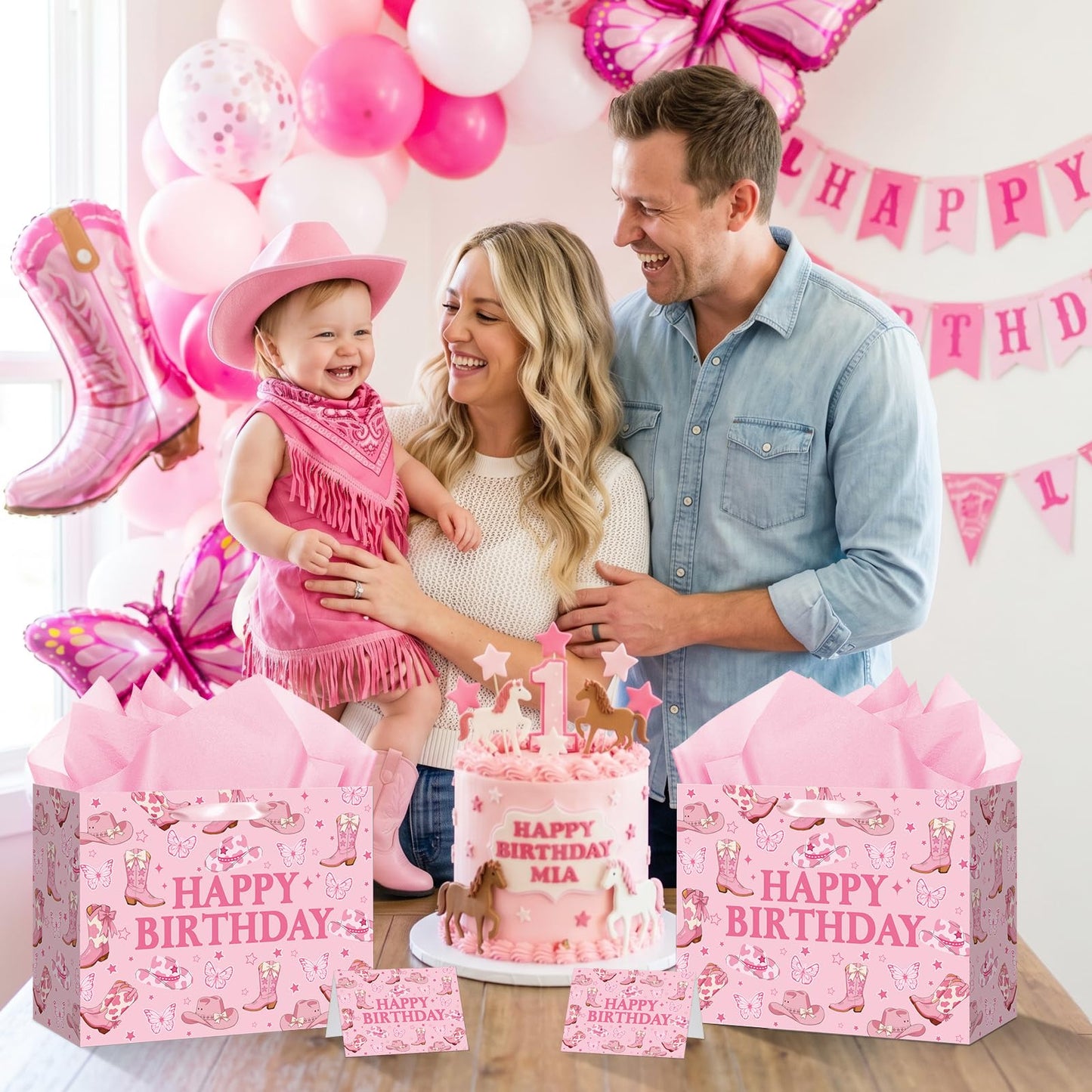 TagreSpike Cowgirl Birthday Gift Bag, Western Bow Happy Birthday Wrapping Bag with Tissue Paper and Card Coquette Bow Boots Treat Bags for Girls Rodeo Birthday Party Supplies - Pink Cow Print Boots