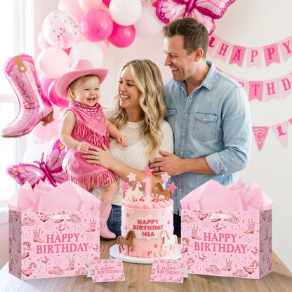 TagreSpike Cowgirl Birthday Gift Bag, Western Bow Happy Birthday Wrapping Bag with Tissue Paper and Card Coquette Bow Boots Treat Bags for Girls Rodeo Birthday Party Supplies - Pink Cow Print Boots