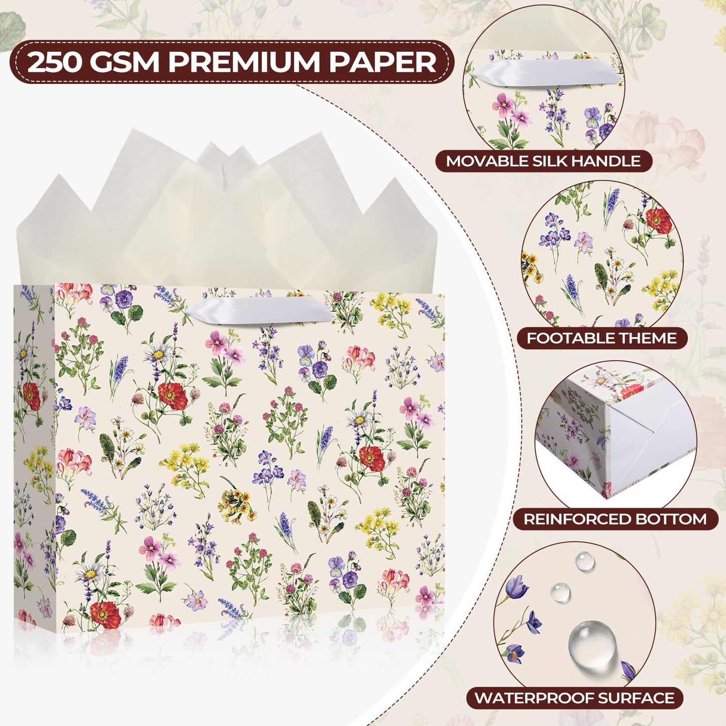 Maitys 12 Pack 12.6" Large Wildflower Gift Bags with Tissue Papers and Greeting Cards Elegant Flowers Floral Gift Wrapping Bags for Wedding Bridal Showers Birthday Baby Shower Party Decorations