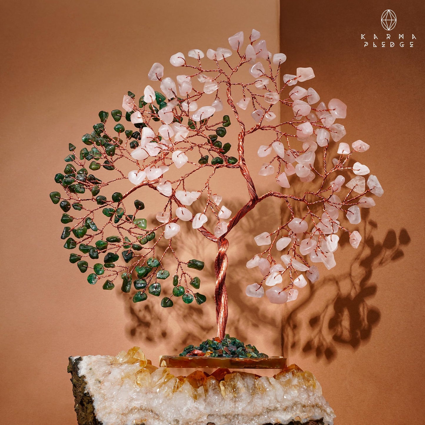 Handmade Healing Crystal Tree of Life Green Aventurine & Rose Quartz Chakra Tree for Money, Good Luck, Feng Shui Home Decor, Living Room Office Deocration, Unique Birthday Gifts for Women, Men, Mom