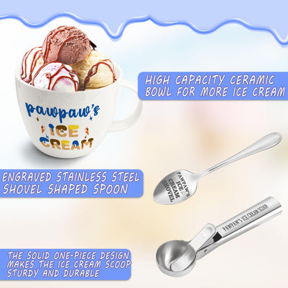 Paw Paw Gifts, Gifts for Pawpaw from Grandkids, Pawpaw's Ice Cream Bowl Scoop Shovel Spoon Set, Pawpaw’s Ice Cream Gift, Christmas Birthday Grandparents Day Gift for Him Man