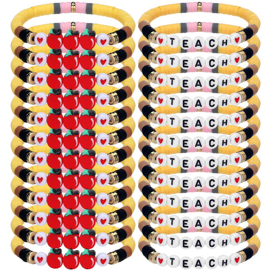 Tondiamo End of Year Gift Bulk for Teacher Apple Pencils Bracelets Graduation Party Favor Back to School Gift Clay Beaded Bracelets for Teachers Thank You Gifts