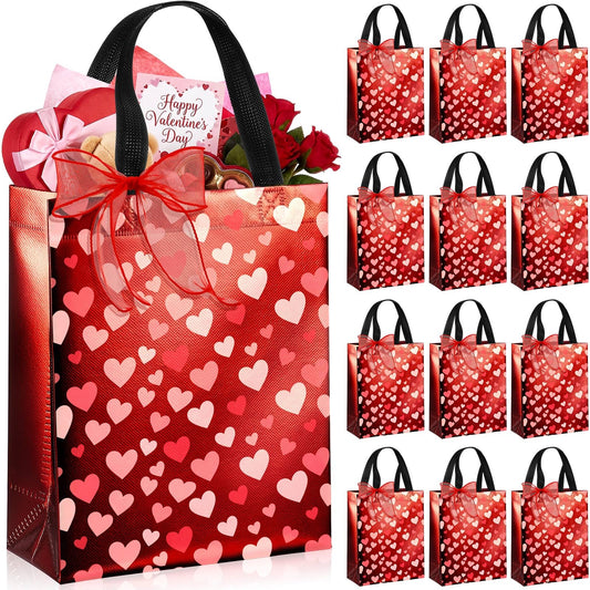 Henoyso 12 Pcs Valentines Day Gift Bags, Reusable Heart Gift Bags with Handle Ribbon, Iridescent Non-woven Holographic Medium Sparkly Tote Bulk for Valentines Party Favor Goodie Wrapping, 10 x 8 x 4''