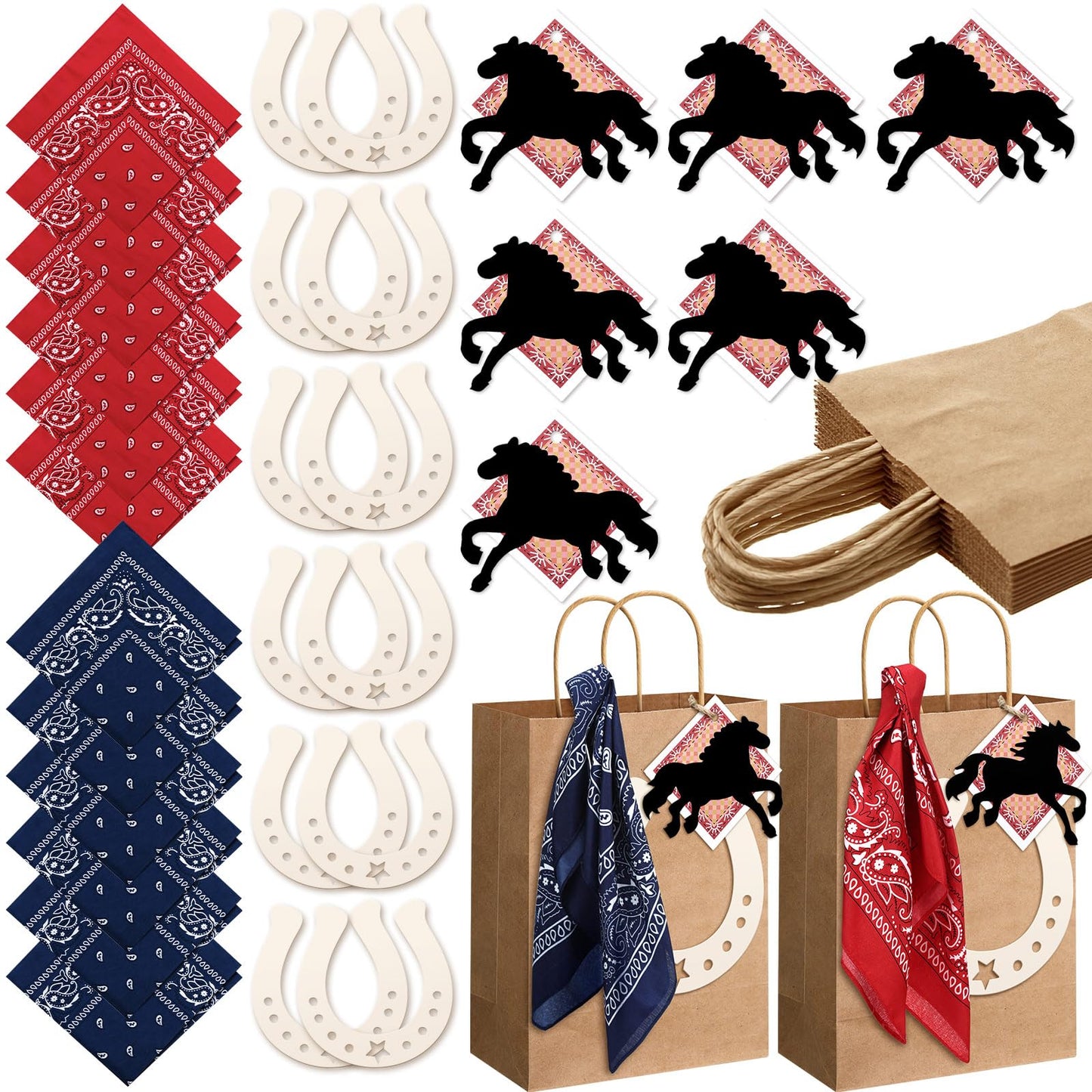 Jeere 48 Pcs Western Cowboy Gift Bags Western Theme Party Favors Cowboy Paper Goodie Handles Bags with Red and Blue Paisley Bandana Horseshoes Stickers for Rodeo Cowgirl Birthday Party Decoration