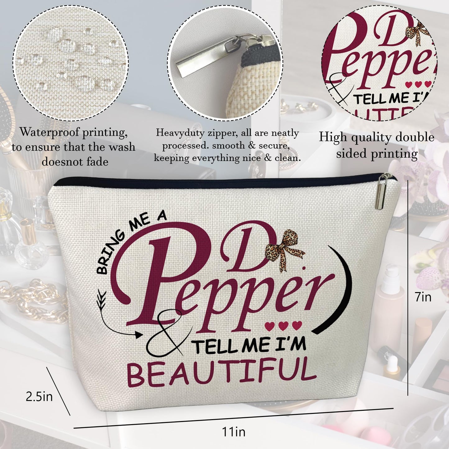 Pepper Merch Makeup Bag Tell Me I’m Beautiful Fun Gift for Dr Drinks Lover Cosmetic Case for Women's Wash Bag Travel Birthday
