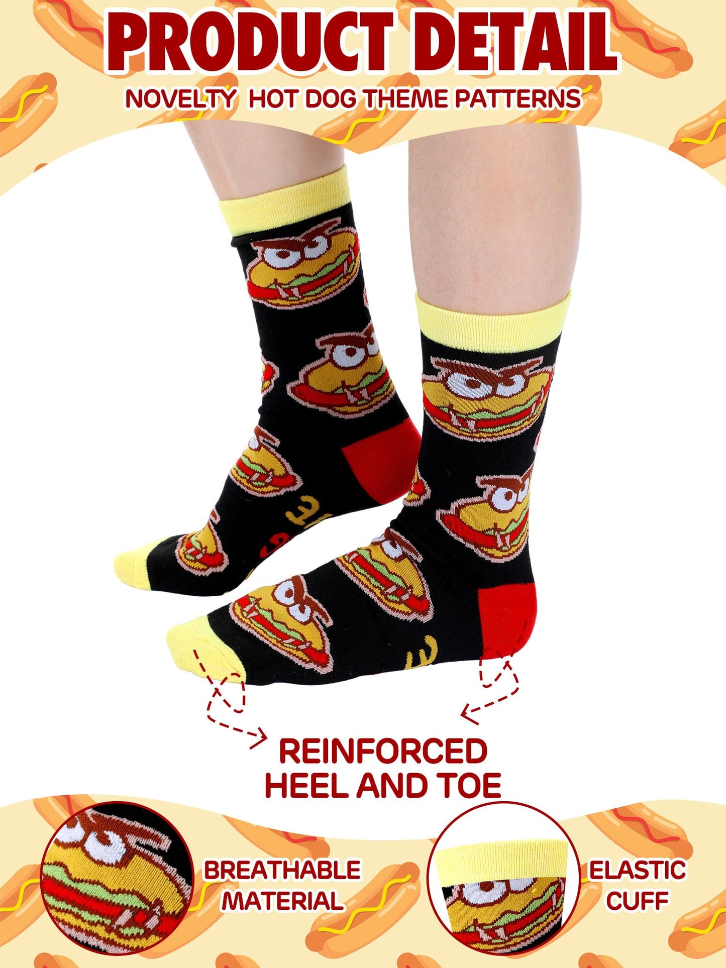 Haysandy 6 Pairs Funny Food Socks for Men Novelty Snack Lover Gift Crazy Design Socks for Pepper Bacon Hot Dogs Burger Pizza