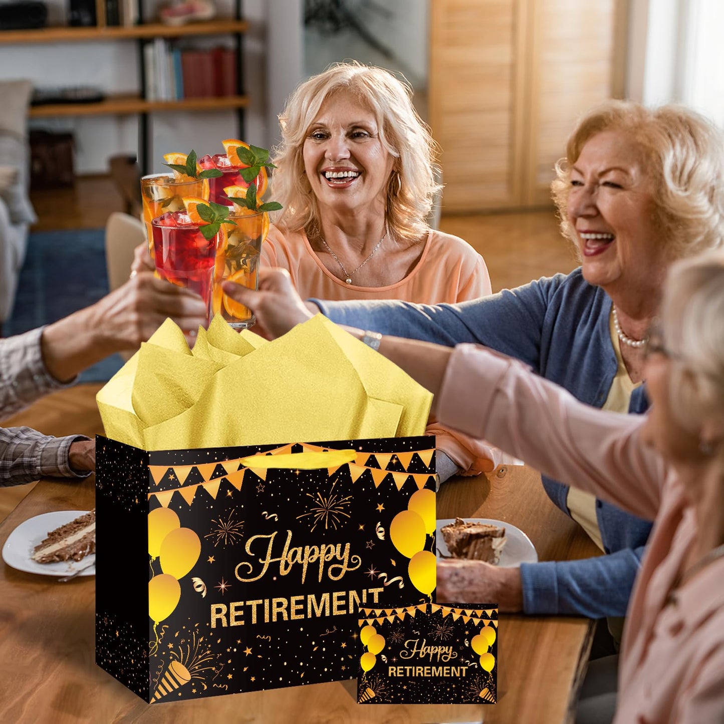 Hooqict Large Retirement Gift Bag Black Gold Happy Retirement Party Gift Bag with Handles, Wrapping Paper, Greeting Card for Men Women Coworker Teacher Farewell Going Away Party Favors