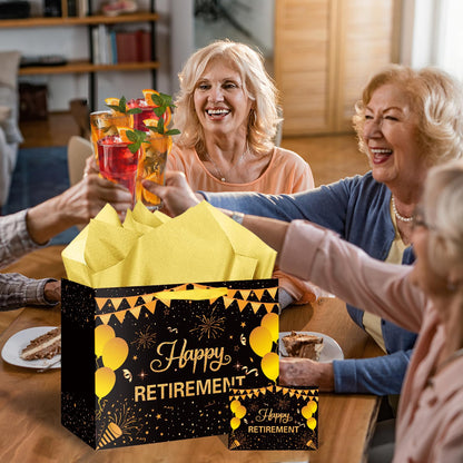 Hooqict Large Retirement Gift Bag Black Gold Happy Retirement Party Gift Bag with Handles, Wrapping Paper, Greeting Card for Men Women Coworker Teacher Farewell Going Away Party Favors