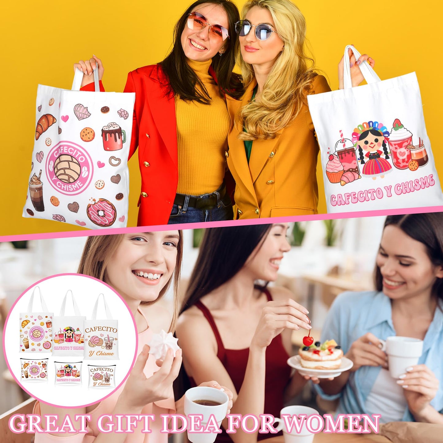 6 Pcs Funny Cafecito Y Chisme Gifts Mexican Concha Coffee Tote Bags and Makeup Bags Set Mexican Latina Coffee Theme Gift for Mother's Day Women