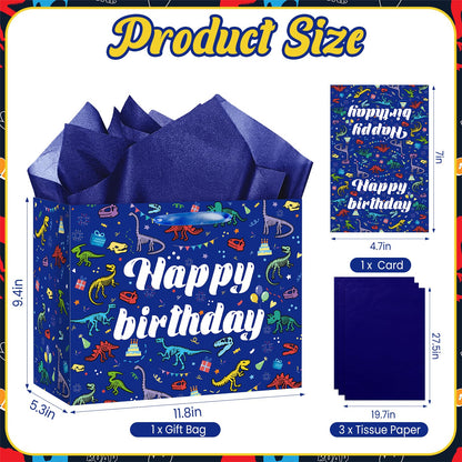 LUUFILx Dinosaur Happy Birthday Gift Bag for Boys Girls Dinosaur Wrapping Paper with Tissue Paper Greeting Card Blue Dinosaur Design Wrap Bag for Bday Baby Shower Party Decoration Supplies