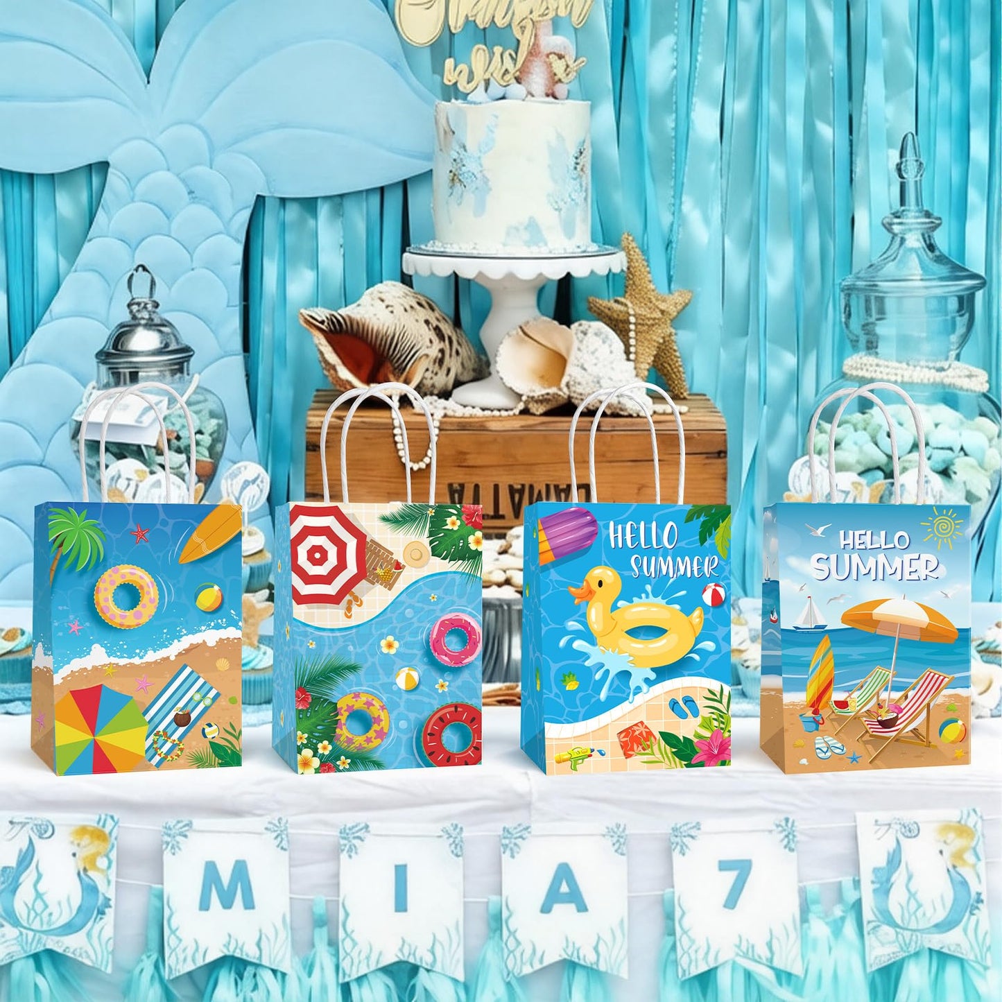 Hxezoc 12 Pieces Beach Party Gift Bags with Handle, Paper Treat Candy Bag Summer Pool Favor Bags for Hawaiian Theme Festival Luau Beach Party Decoration Supplies