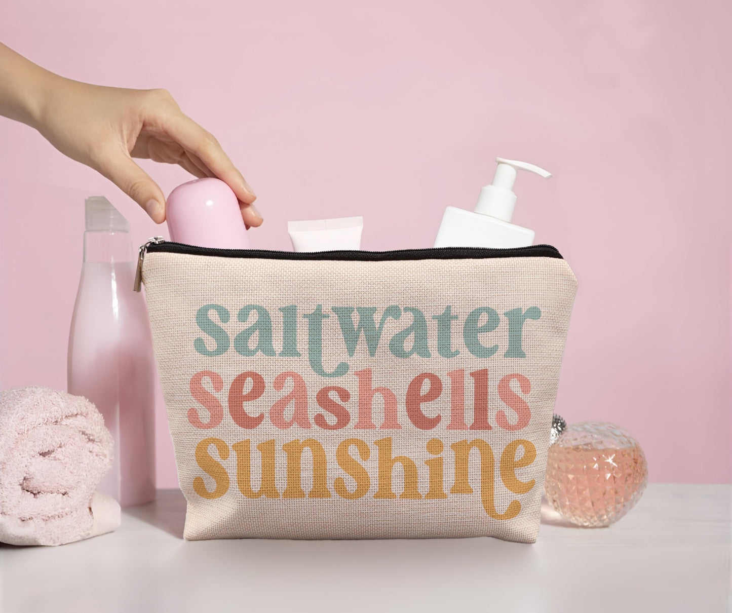 Beach Makeup Bag,Sunscreen Summer Travel Makeup Pouch,Saltwater Seashells Sunshine Travel Cosmetic Zipper Bags for Women,Beach Gifts for Women