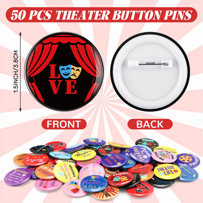 Landical 50 Pcs Theatre Gifts Set Theater Button Pins Bulk Musical Theater Badges Broadway Pins Comedy Tragedy Mask Drama Actor Gifts for Theatre Party Favors