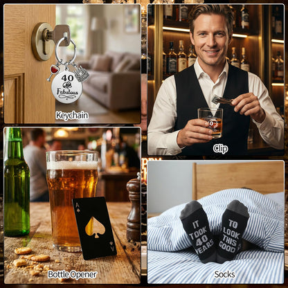 40th Birthday Gifts for Men Whiskey Glass Set with 11 Oz Glass, Stone, Ice Tong, Bottle Opener, Cap, Apron, Socks, Keychain, Greeting Card, 40th Birthday Party Supplies for Him, Dad, Husband