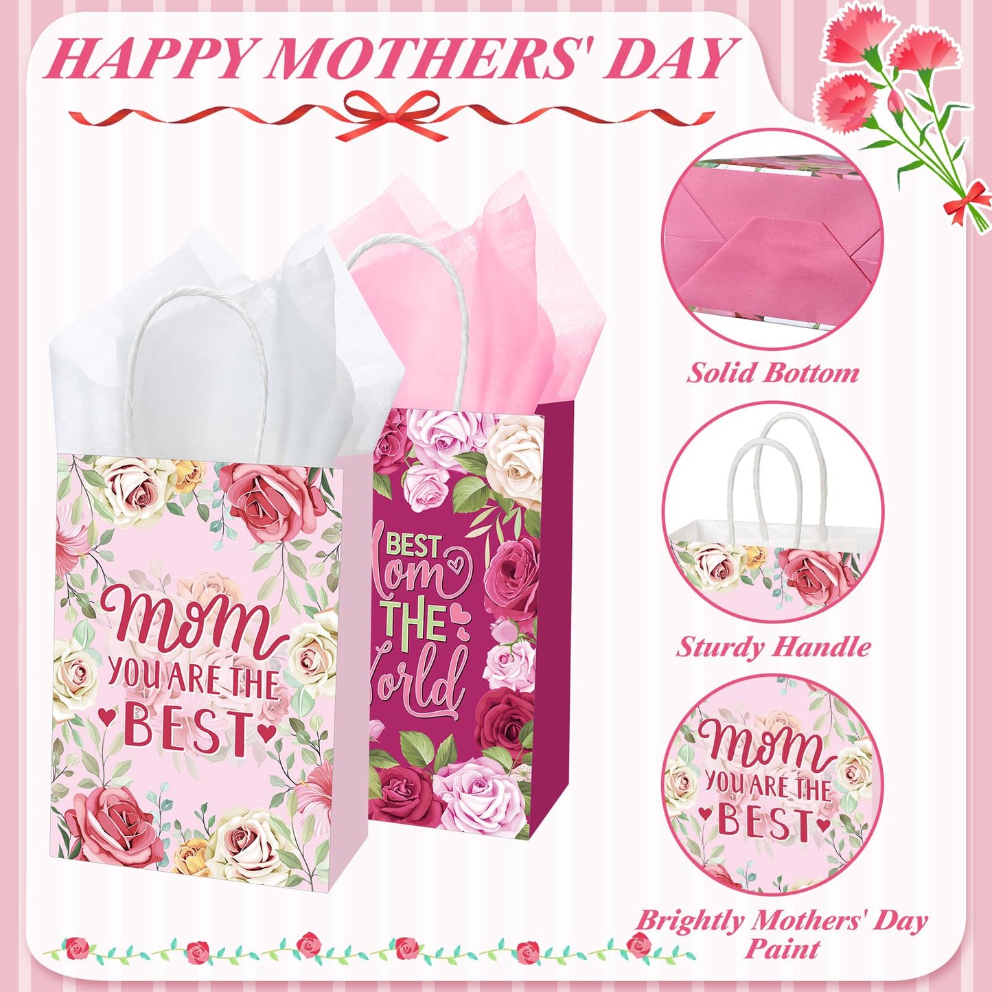 Motiskyy 30 Pcs Mother's Day Gift Bags Bulk with Handle Carnation Gift Bags for the Best Mom Paper Treat Wrap Favors Party Supplies(Best Mom)