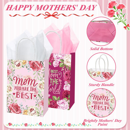 Motiskyy 30 Pcs Mother's Day Gift Bags Bulk with Handle Carnation Gift Bags for the Best Mom Paper Treat Wrap Favors Party Supplies(Best Mom)