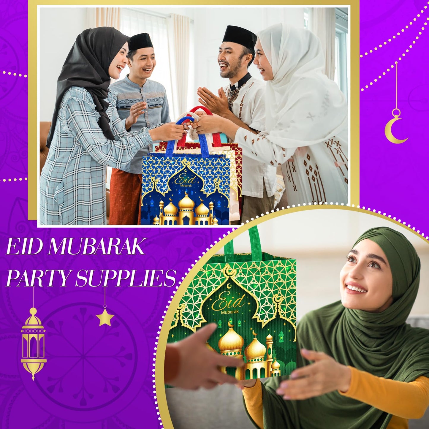 Yoojahow 12 Pcs Eid Mubarak Gift Bags with Handles 12.6 x 9.8 x 6.7 Inch Large Reusable Ramadan Tote Bags Eid Mubarak Non-Woven Treat Goodie for Gifts Wrapping Shopping Ramadan Party Supplies