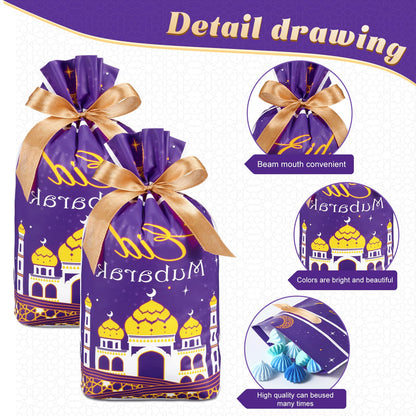 Blulu 50 Pcs Eid Mubarak Gifts Bags Plastic Ramadan Gift Bags Arabesque Moon Bulk Mosque Happy Eid Theme Goodie Pouches for Muslim Mubarak Party Candy Wrapping Supplies Decorations
