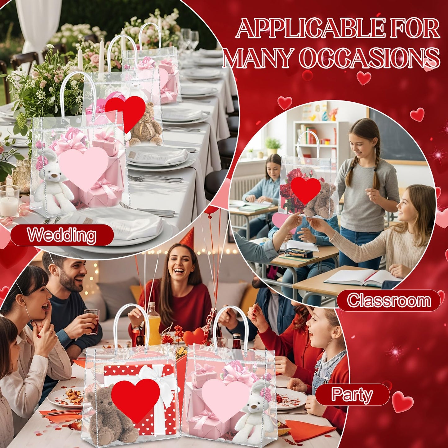 Aliceset 24 Pcs Heart Gift Bags Bulk Clear PVC Gift Bags with Handles Heart Pattern Reusable Transparent Tote for Party Favors Candy Treat Mother's Day (Mom, 9.84"x 9.84"x 3.54")