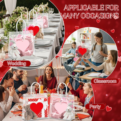 Aliceset 24 Pcs Heart Gift Bags Bulk Clear PVC Gift Bags with Handles Heart Pattern Reusable Transparent Tote for Party Favors Candy Treat Mother's Day (Mom, 9.84"x 9.84"x 3.54")